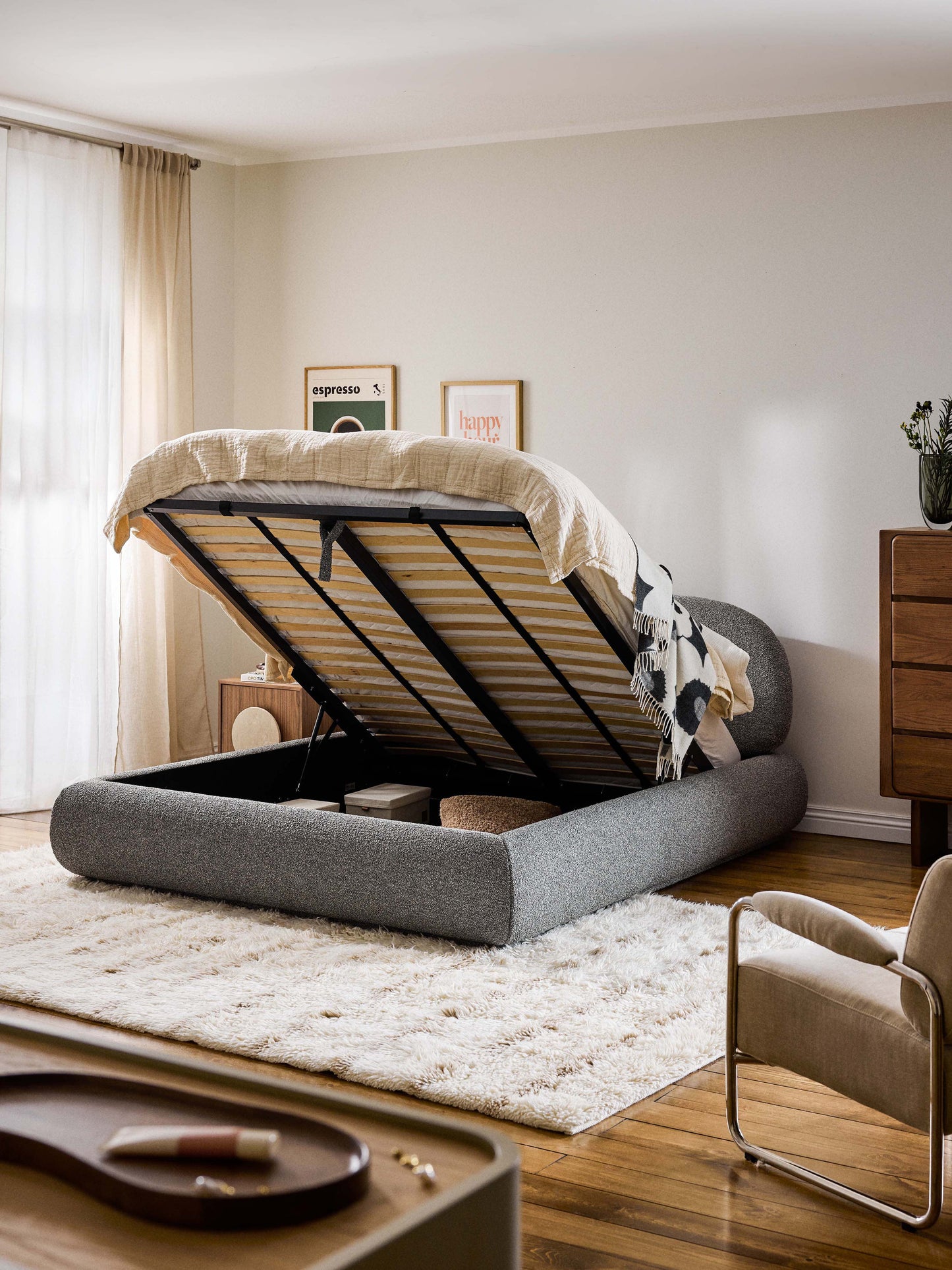 Alva Upholstered Storage Bed in Bouclé