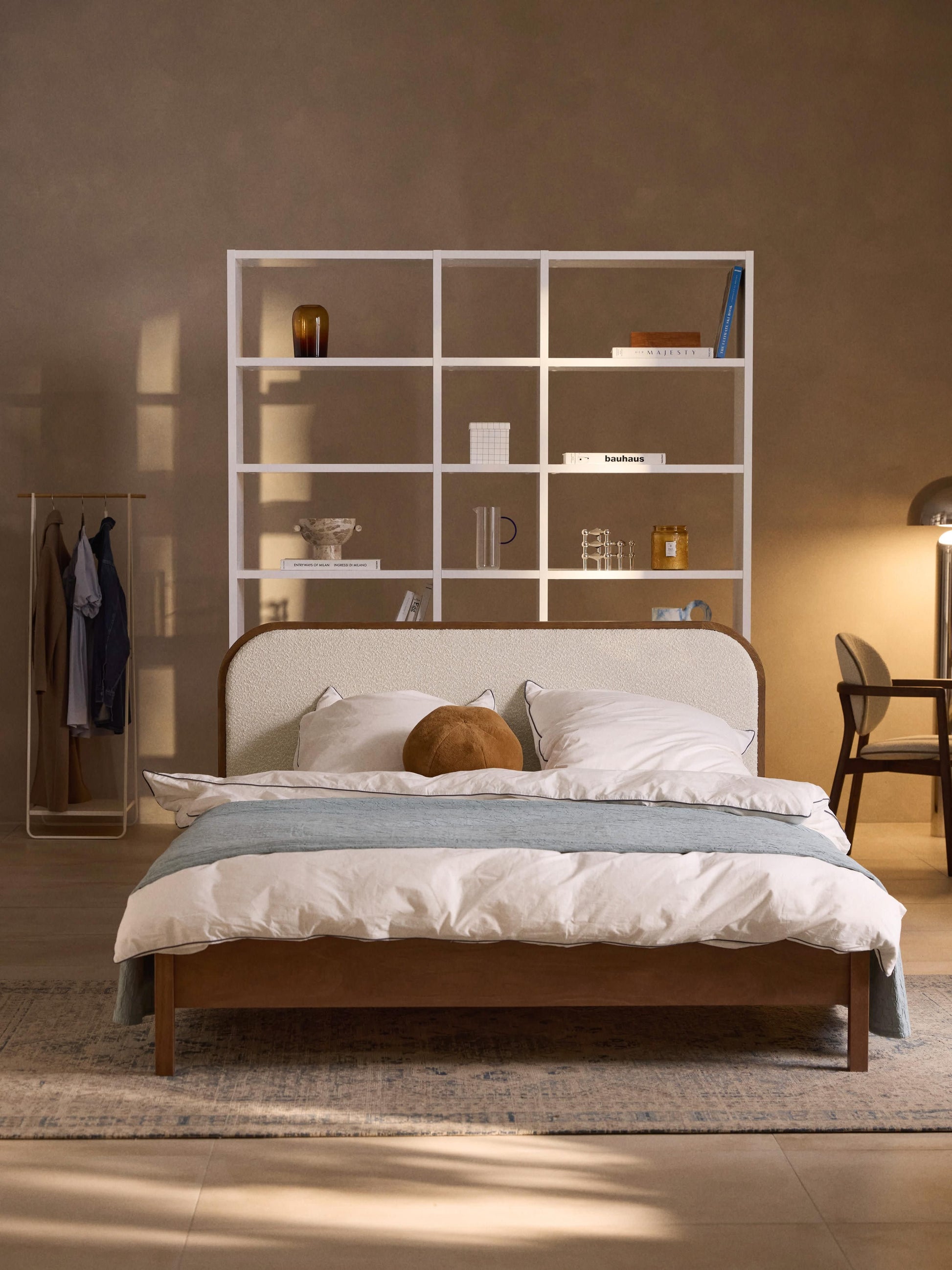 Jonell Wooden Bed with Bouclé Headboard