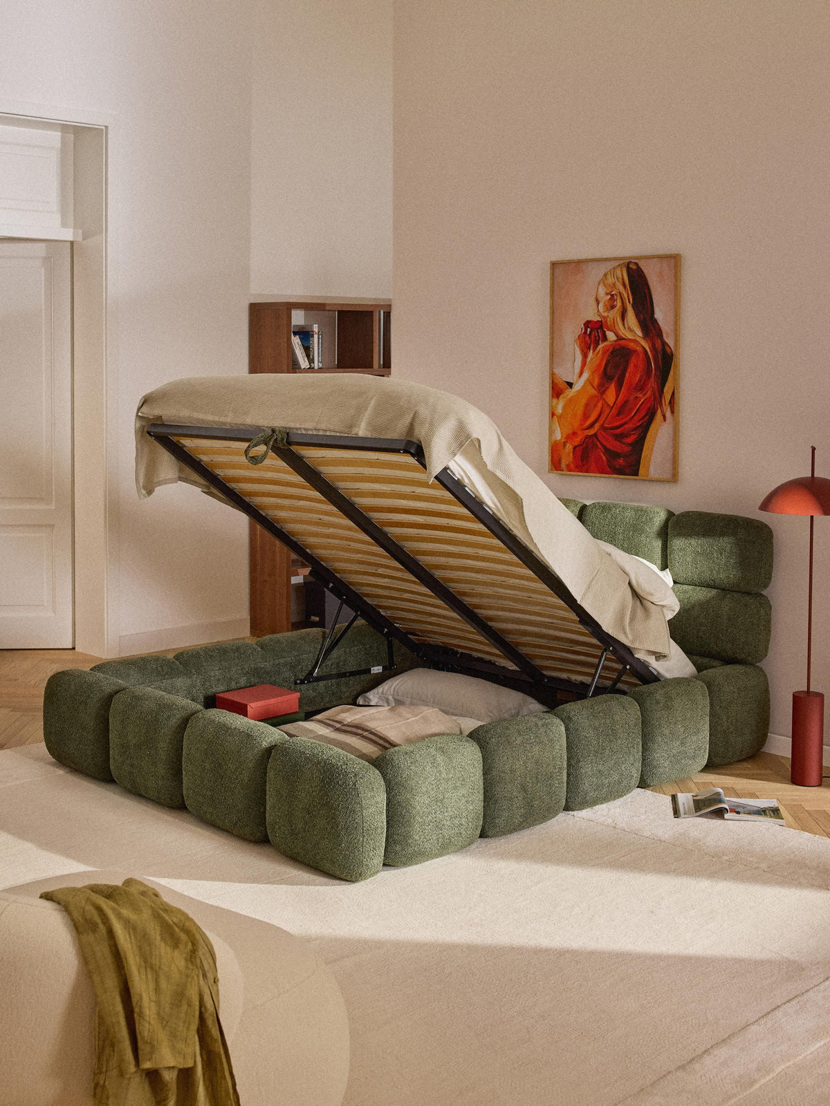 Taylen Upholstered Bed in Teddy Bouclé with Storage