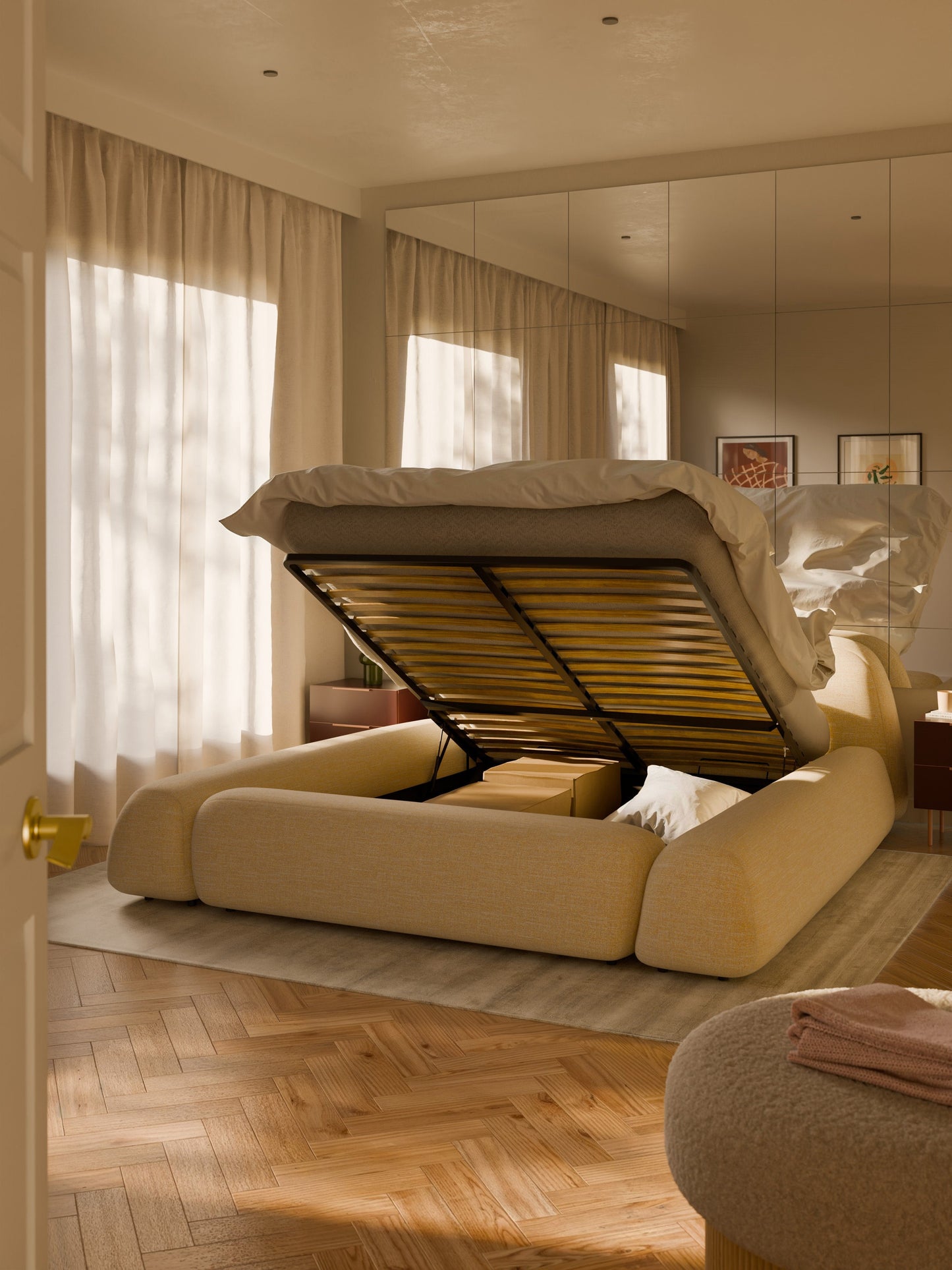 Wolka Upholstered Storage Bed in Bouclé